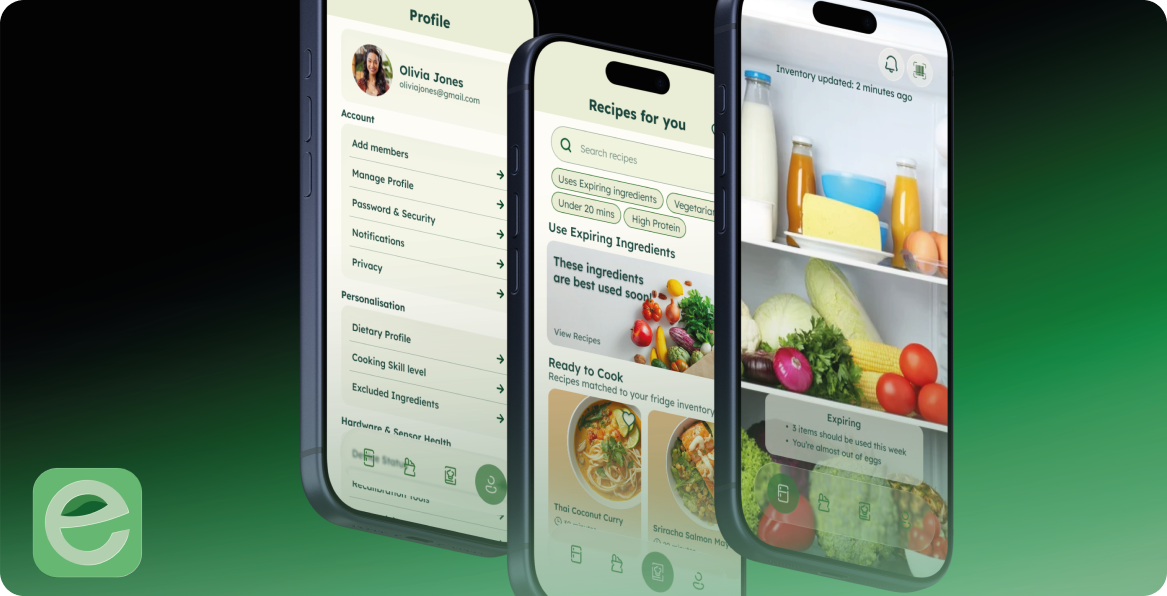 Three phones showing the Everfresh inventory, recipes and profile screens