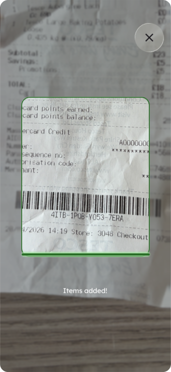 Receipt scanning screen