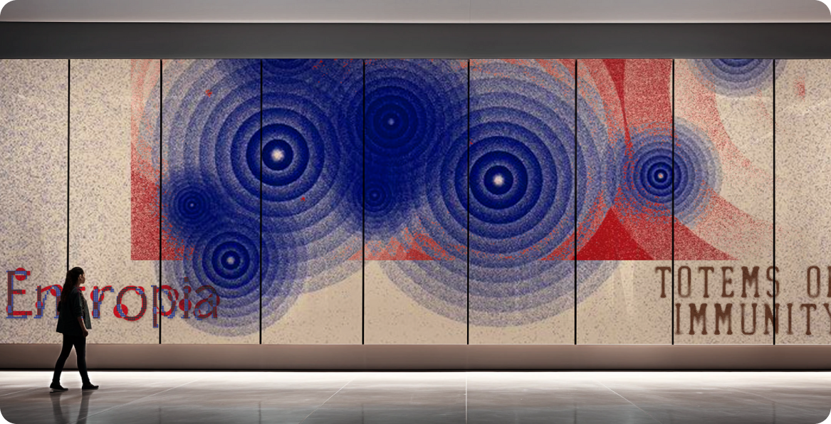 Entropia exhibition wall showing the Totems of the Immunity Age installation