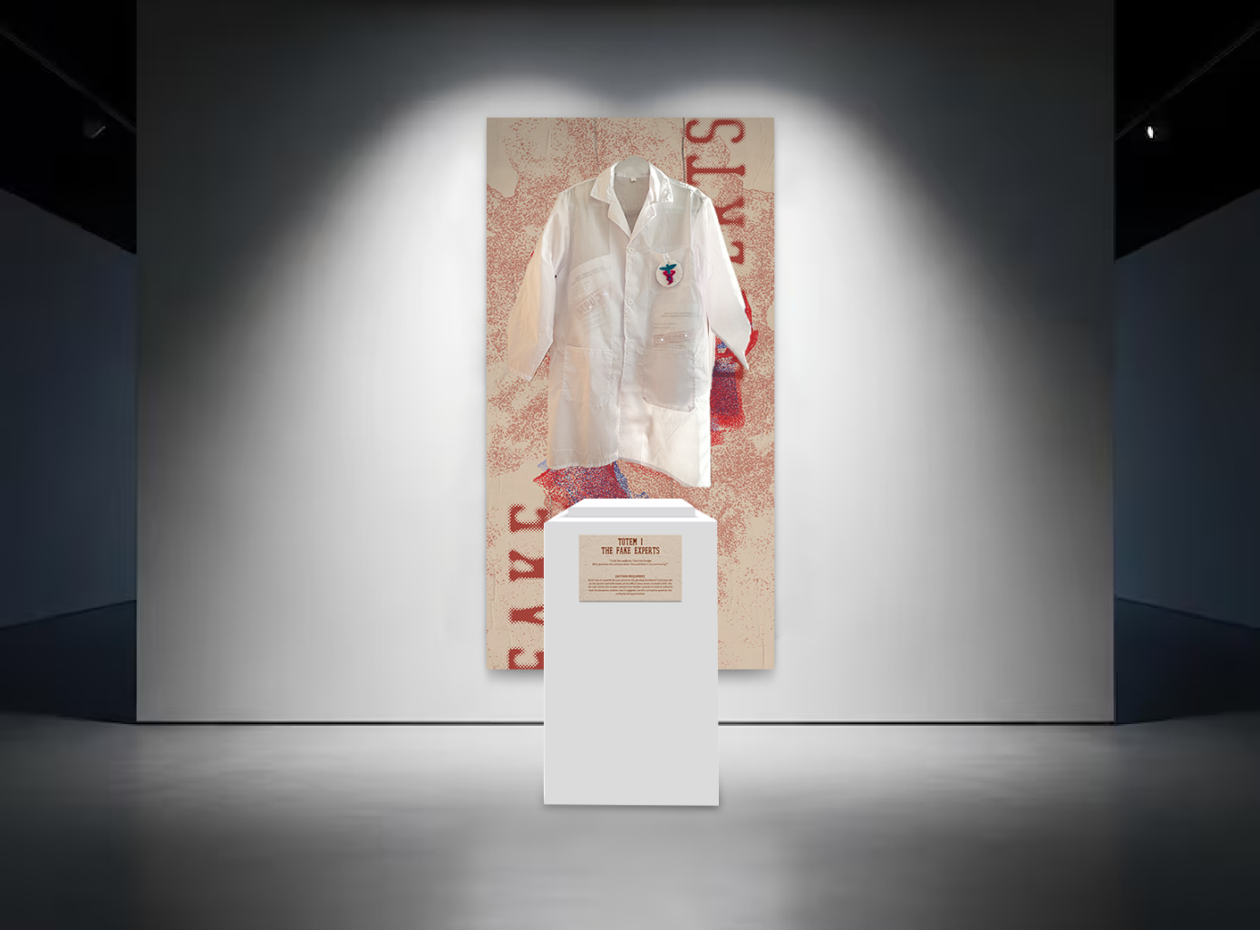 Totem I: The Fake Experts — lab coat installation in the gallery