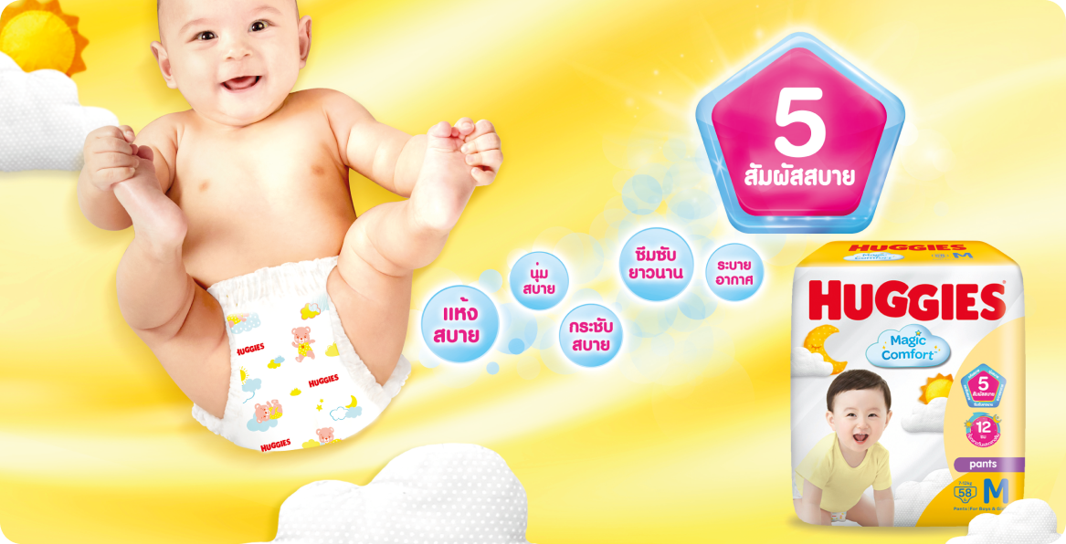 Huggies Magic Comfort key visual with baby, comfort bubbles and pack shot