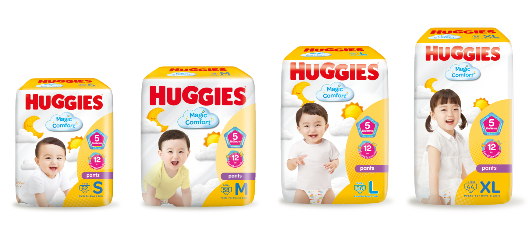 Huggies Magic Comfort packaging range in sizes S, M, L and XL