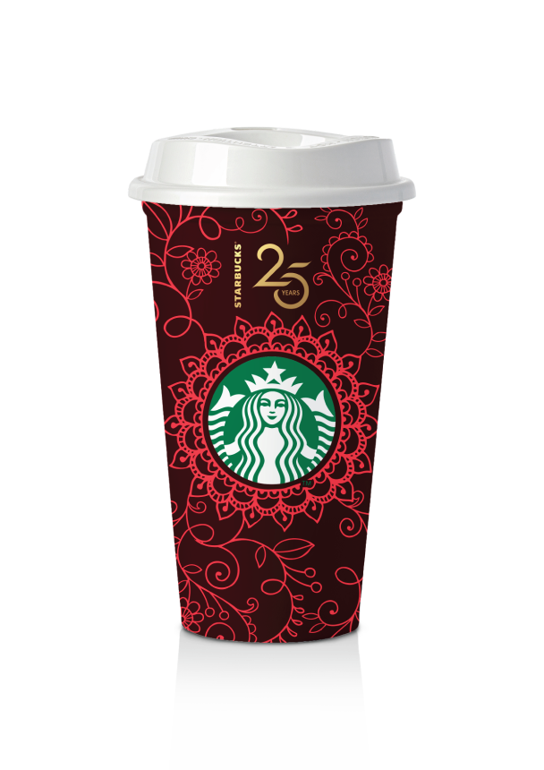 Deep burgundy cup with red henna florals