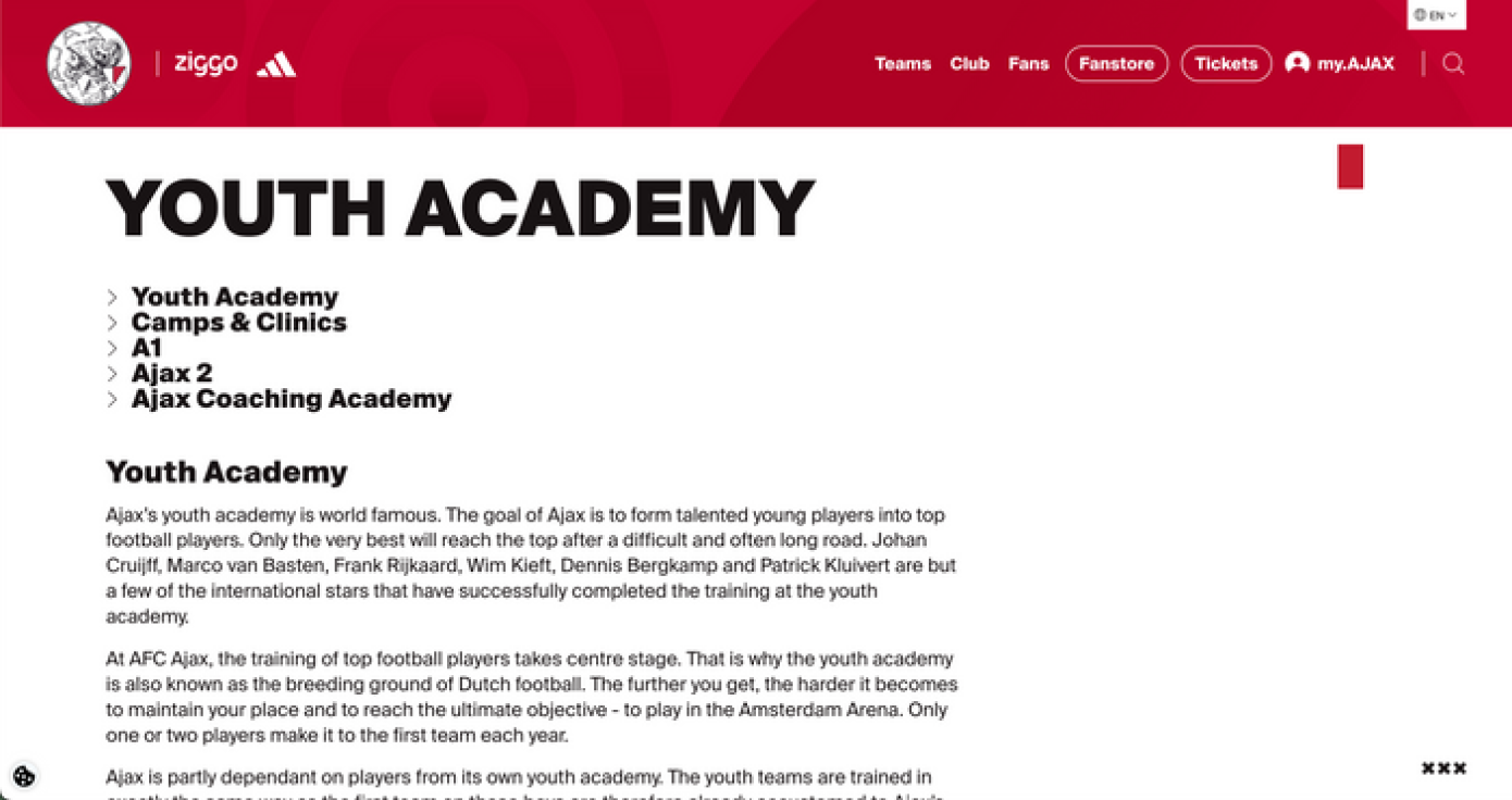 Ajax youth academy website