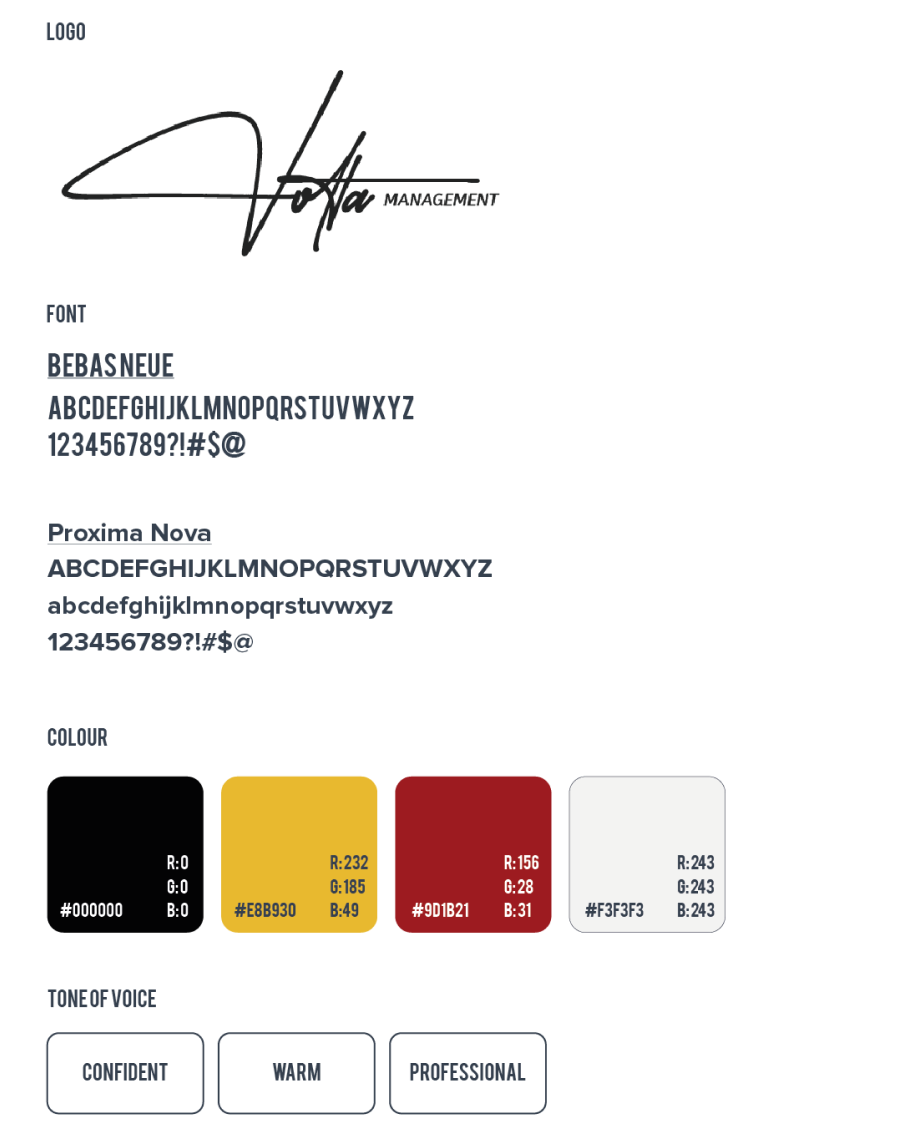 Volta design system: logo, Bebas Neue and Proxima Nova typography and colour palette